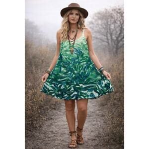 Cabi Castaway Green Leaf Tropical Print Women Dress Sleeveless Ruffle Hem Small